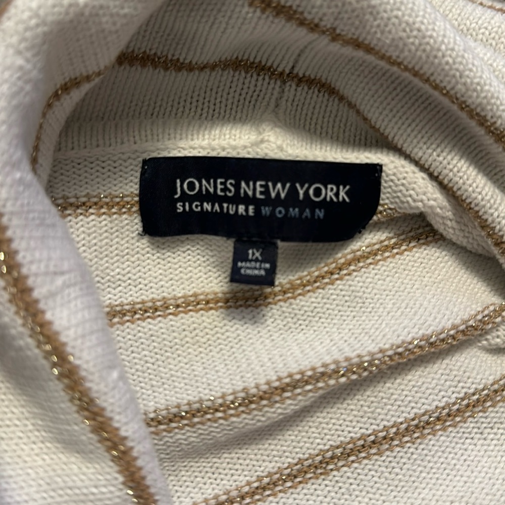 Jones New York long sleeve cowl neck sweater in cream with gold stripes - Picture 6 of 7